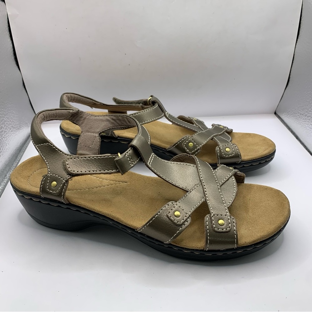 Clarks Metallic Taupe Cross-Strap Slingback Sandals - Picture 4 of 8